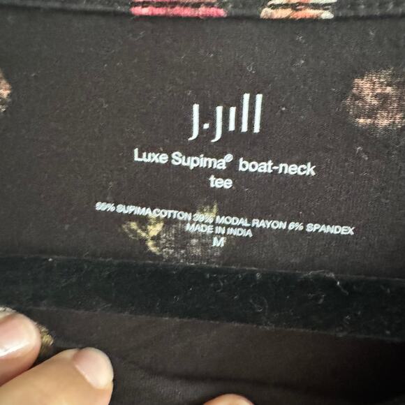 J Jill Luxe Supima Boat Neck Tee Top Black Floral Pullover Long Sleeve Sz M - Picture 4 of 7